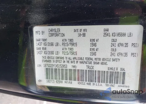 1999 Dodge Dakota Slt/Sport из США, поврежденный, VIN 1B7GG22Y1XS152053